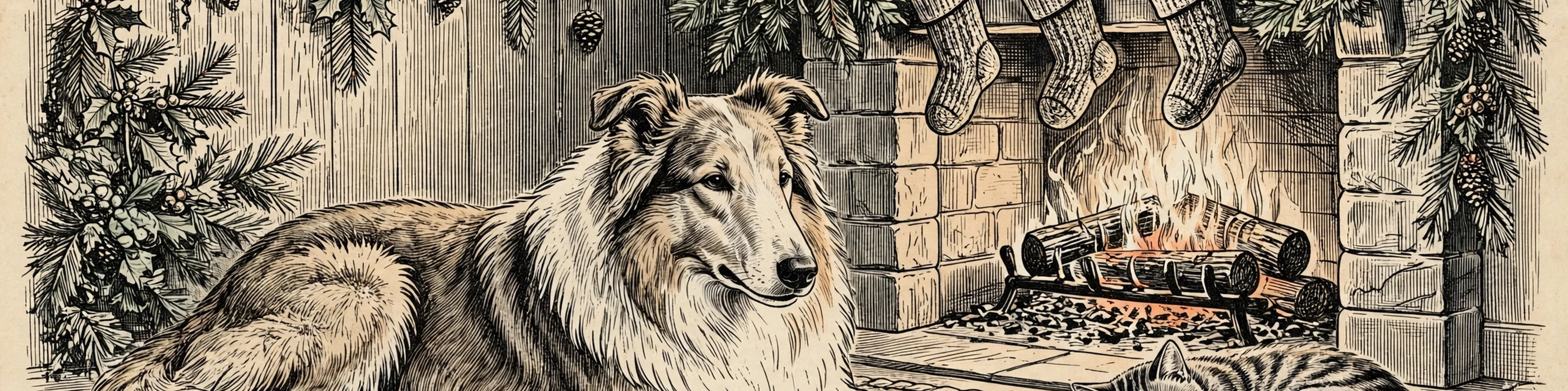 Engraving of a rough collie lying by a fireplace with stockings and pine branches.