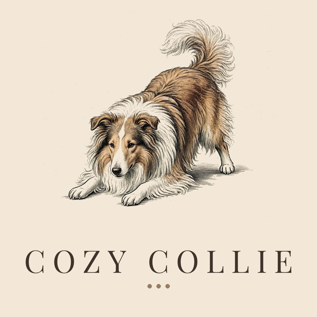 Engraving of a sable and white rough collie in a play bow above the words Cozy Collie.