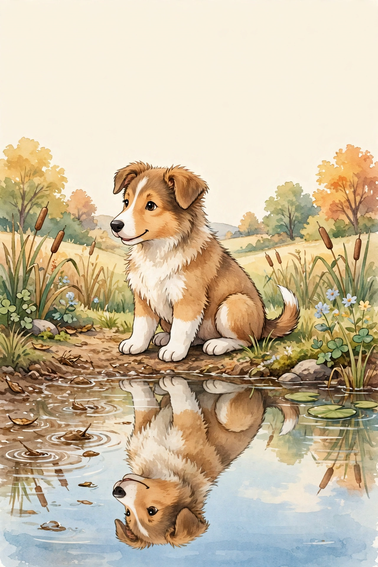 Sable and white rough collie puppy sitting beside an autumn pond, with cattails, fallen leaves, and the puppy’s reflection in the water.